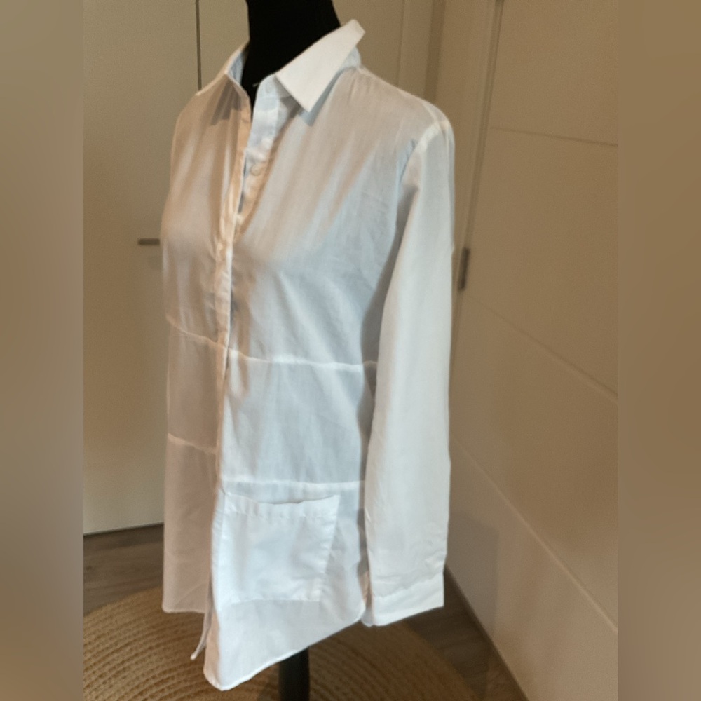 ***** Magazine Long  White Seamed Button Down Shirt with pocket.